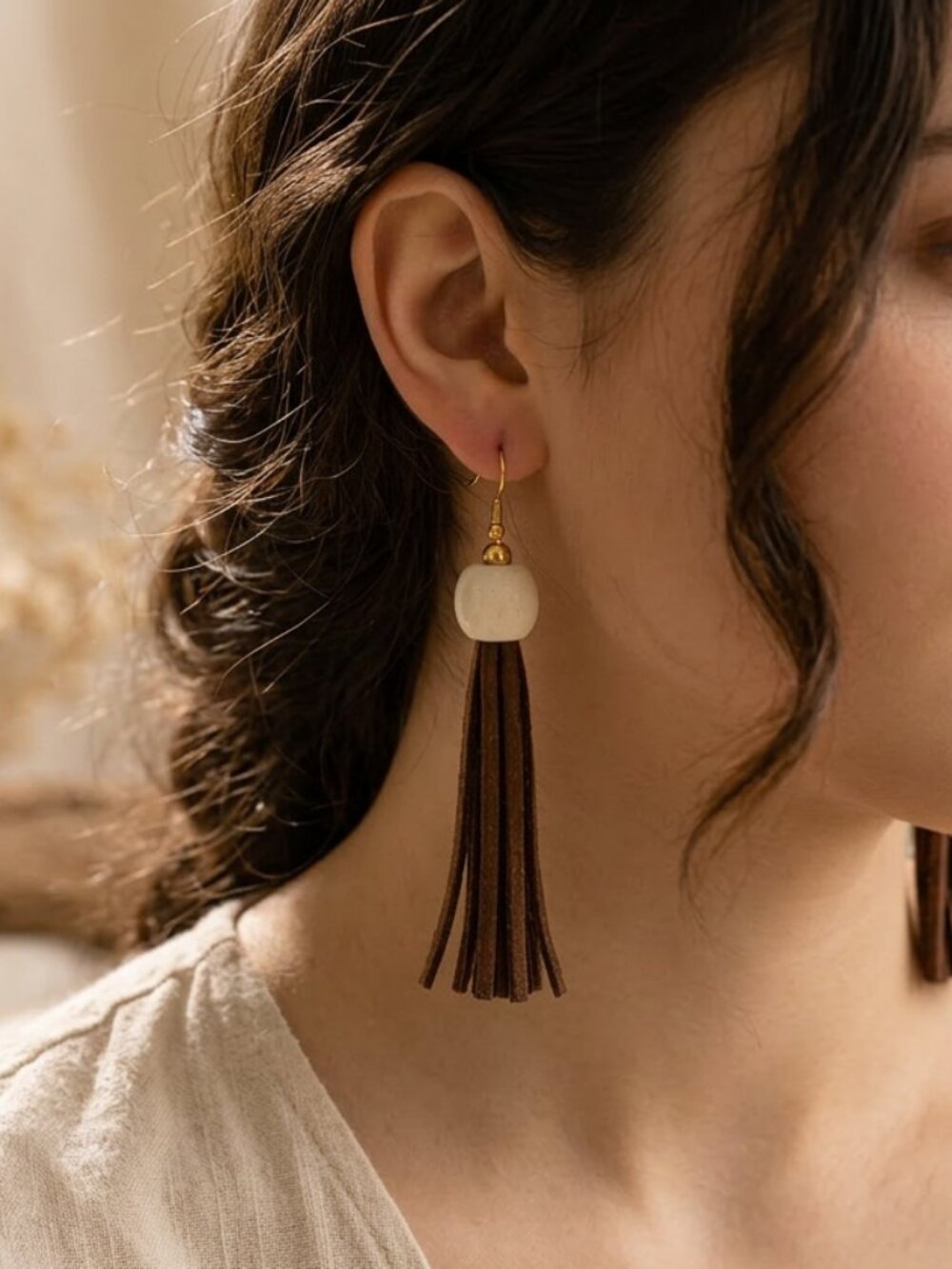Rustic Boho Tassel Earrings vegan leather wood bead fringe